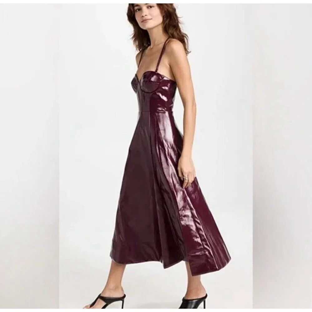 Staud Women Abstract Plum Burgundy Corset Faux Leather Midi Dress